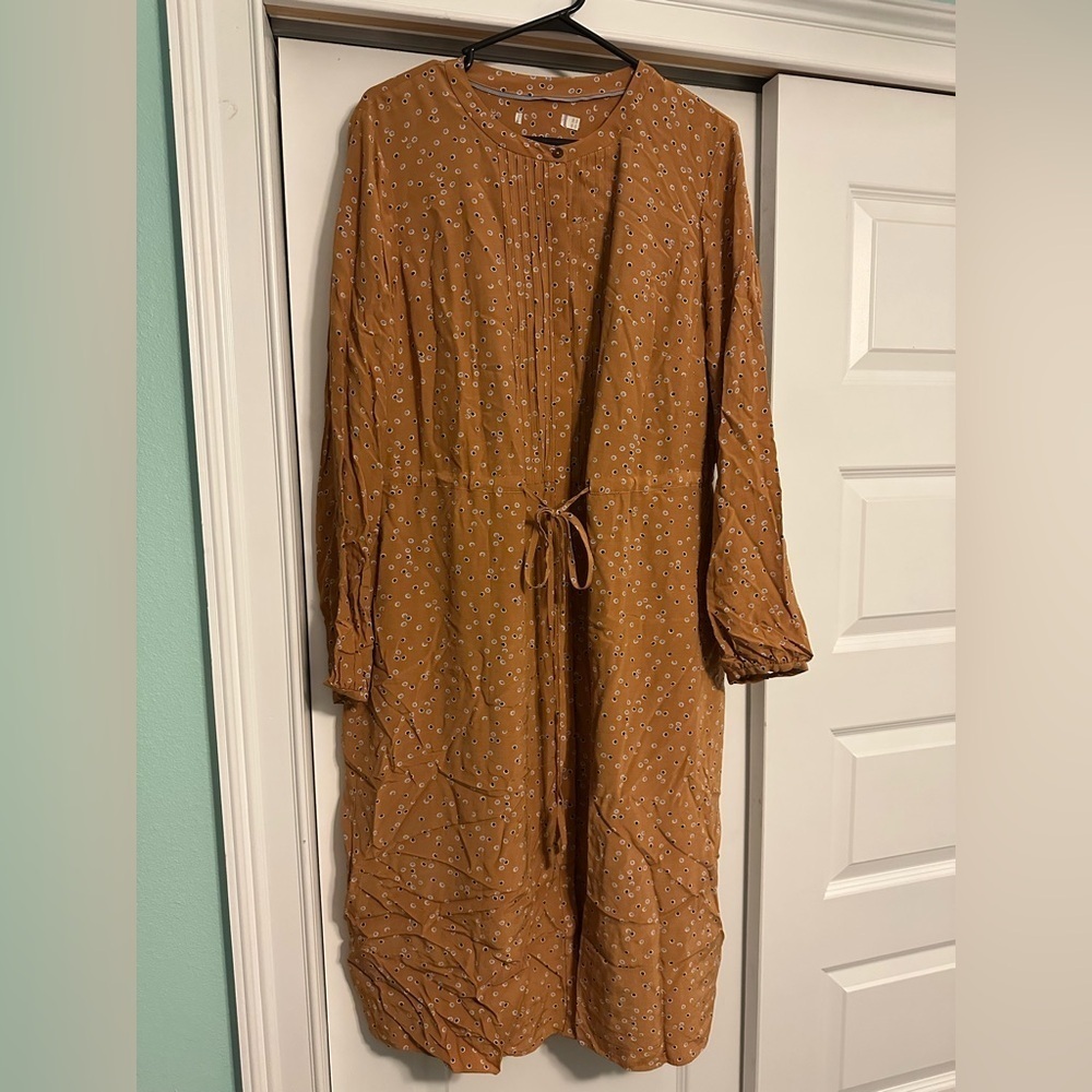 Boden Maxi Dress Mustard Yellow Floral Size 16 L Tie Front Long Sleeve Pintuck